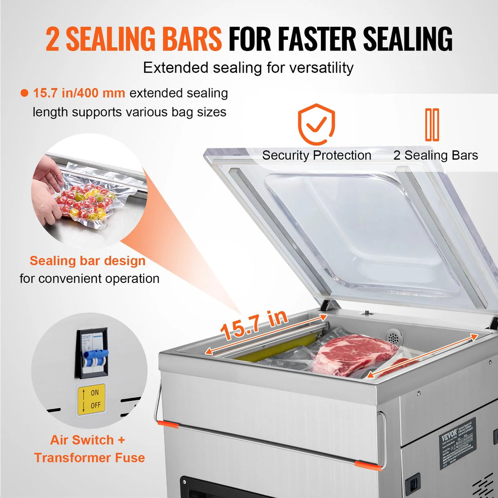 VEVOR Chamber Vacuum Sealer, 600W Sealing Power, Vacuum Packing Machine for Wet Foods, Meats, Marinades and More, Compact Size with 15.7 Sealing Length, Applied in Home Kitchen and Commercial Use
