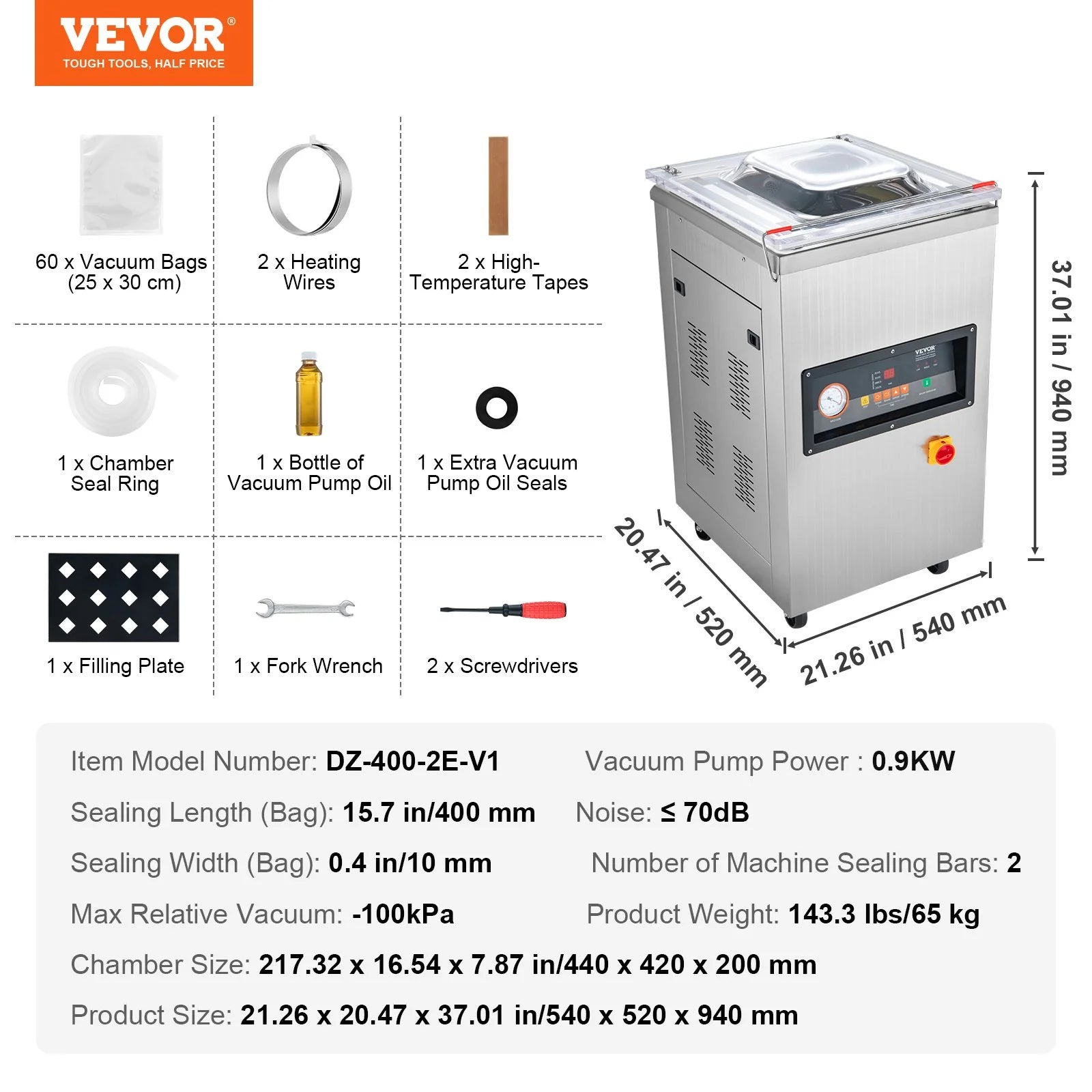 VEVOR Chamber Vacuum Sealer, 600W Sealing Power, Vacuum Packing Machine for Wet Foods, Meats, Marinades and More, Compact Size with 15.7 Sealing Length, Applied in Home Kitchen and Commercial Use